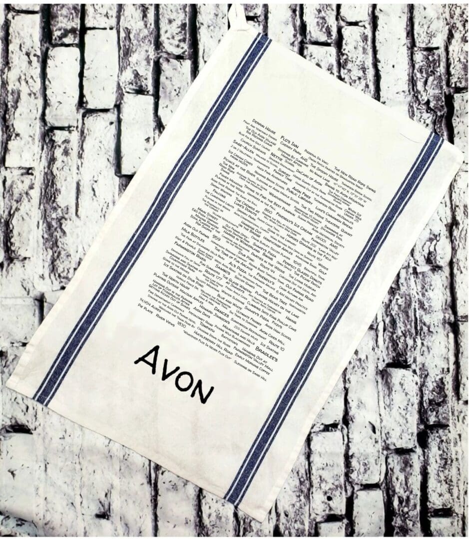 A towel with the word avon written on it.