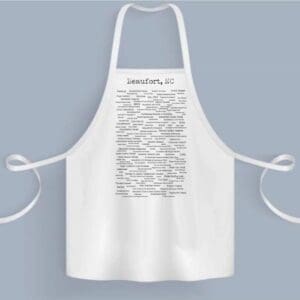 A white apron with some writing on it