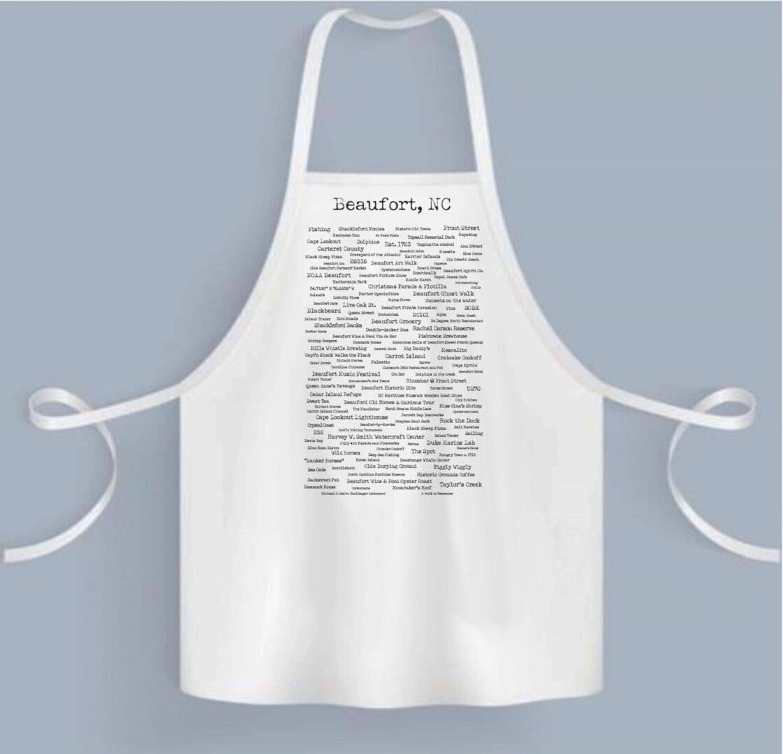 A white apron with some writing on it