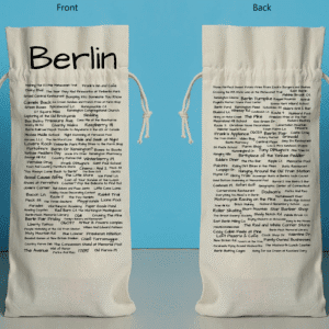 The front and back of a bottle bag featuring trivia about Berlin.