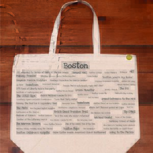 The front half of a canvas tote bag featuring fun trivia about Boston!