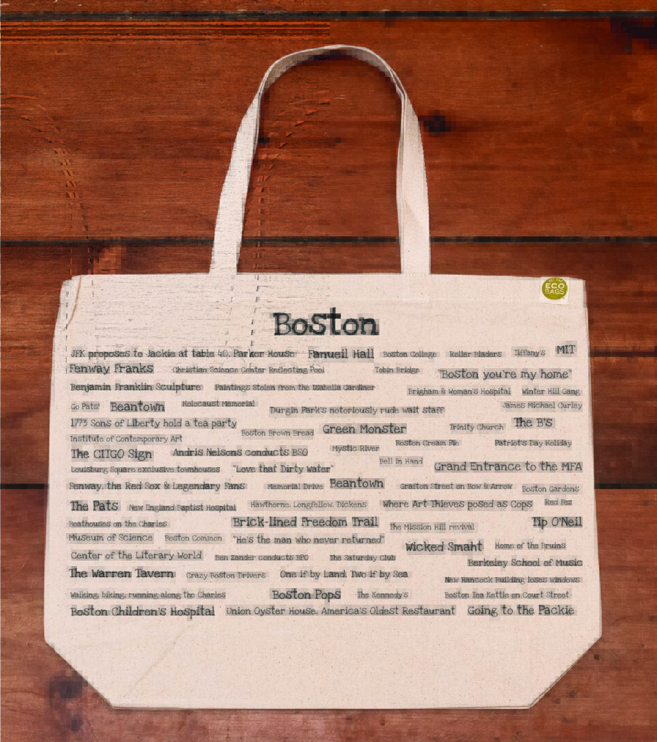 The front half of a canvas tote bag featuring fun trivia about Boston!