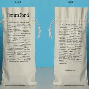 The front and back of a bottle bag featuring trivia about Branford.