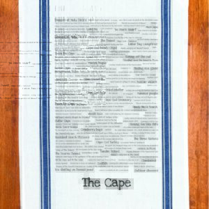 A blue striped towel with trivia about Cape Cod in Massachusetts