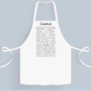 A white apron with the word chaplin written on it.