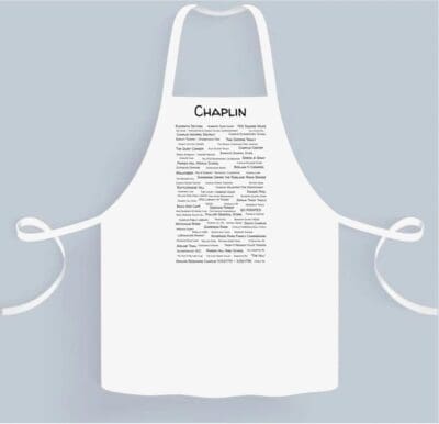 A white apron with the word chaplin written on it.