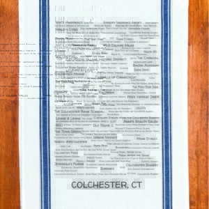 A blue striped towel with trivia about Colchester, Connecticut