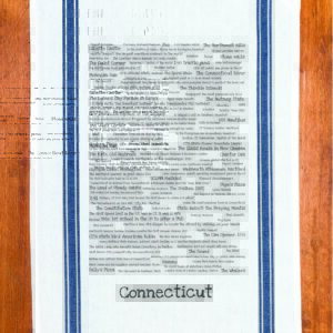 A blue striped towel with trivia about Connecticut