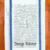 A blue striped towel with trivia about the town of Deep River, Connecticut