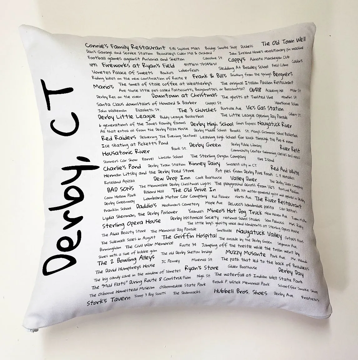 A pillow with the words " derby ct ".