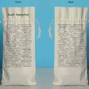 The front and back of a bottle bag featuring trivia about East Hampton.