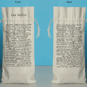 The front and back of a bottle bag featuring trivia about East Hartford.