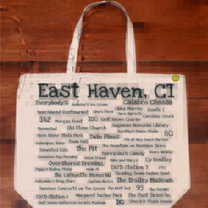 The front half of a canvas tote bag featuring fun trivia about East Haven!