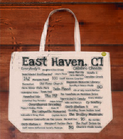 The front half of a canvas tote bag featuring fun trivia about East Haven!