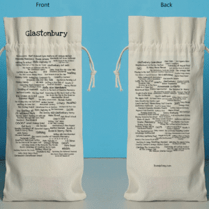 The front and back of a bottle bag featuring trivia about Glastonbury