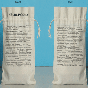 The front and back of a bottle bag featuring trivia about Guilford.