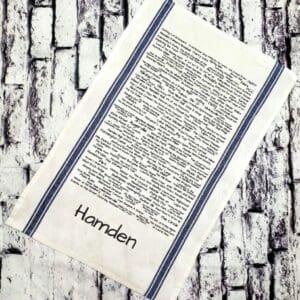 A close up of a towel with the word hamden written on it