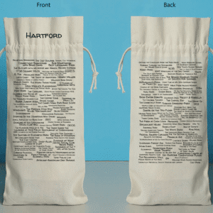 The front and back of a bottle bag featuring trivia about Hartford.