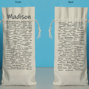 The front and back of a bottle bag featuring trivia about Madison.