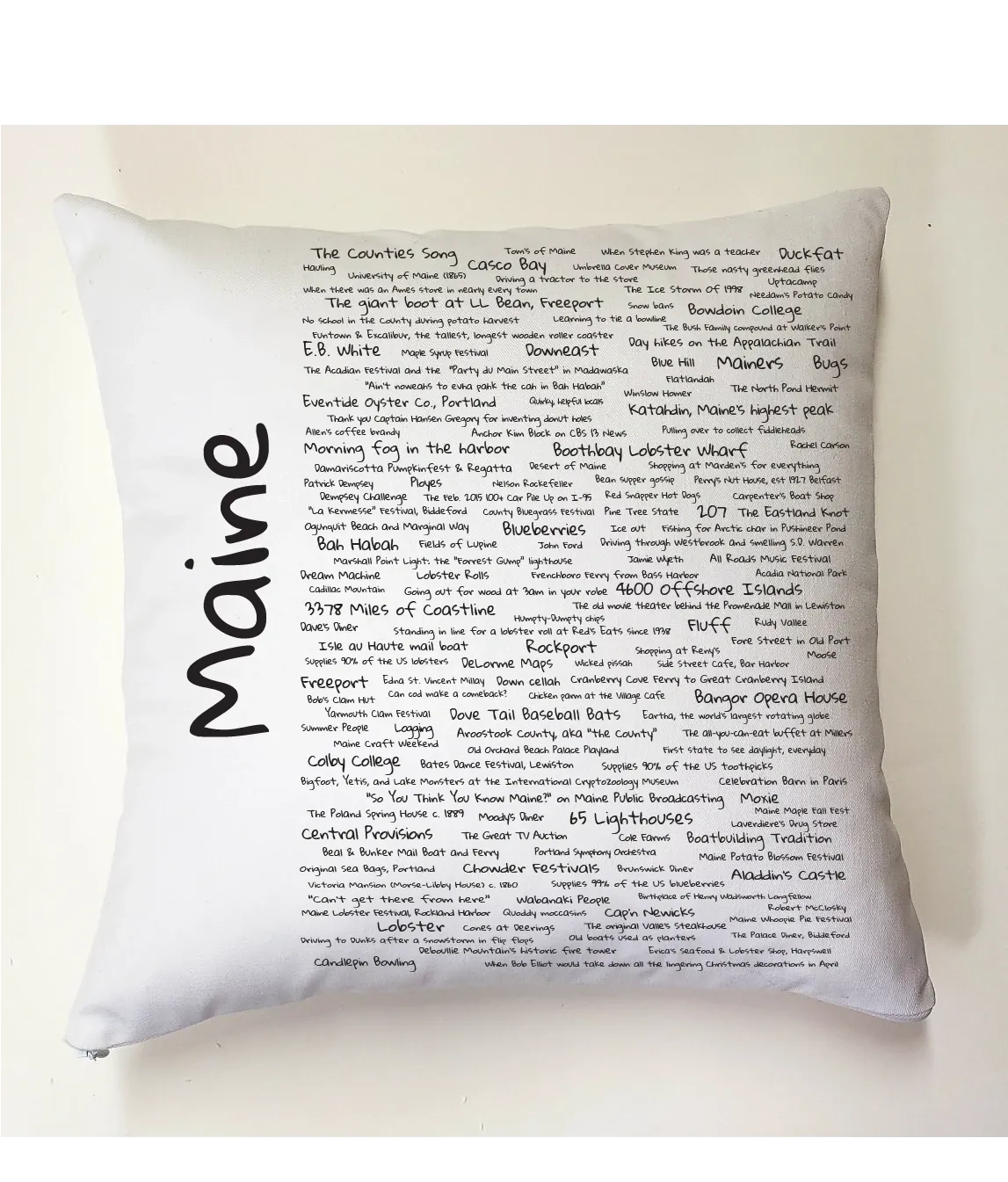 A pillow with the word maine written on it.