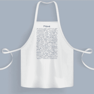 A white apron with an image of people on it.