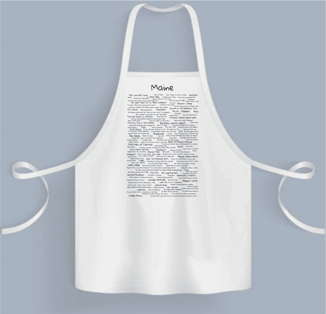 A white apron with an image of people on it.