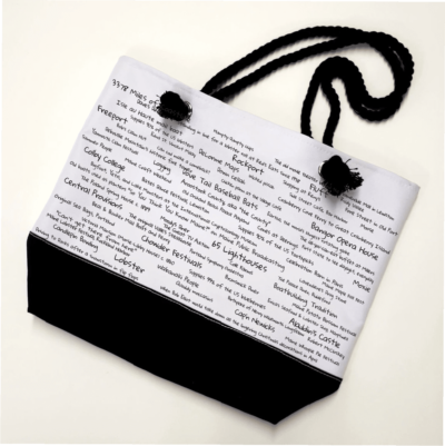 A bag with writing on it is shown.