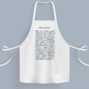 A white apron with many different words written on it.