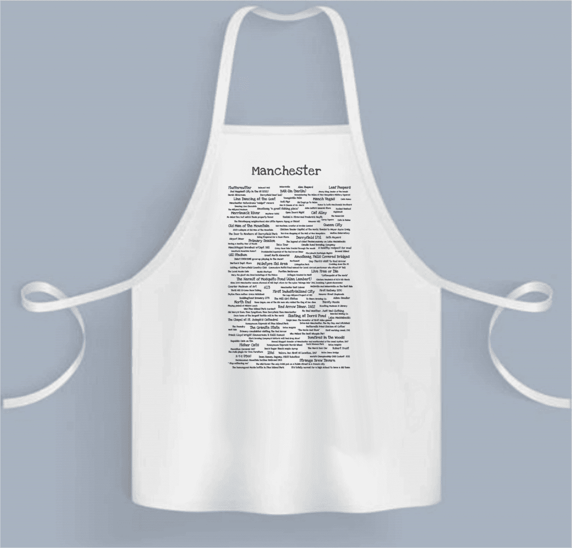 A white apron with many different words written on it.