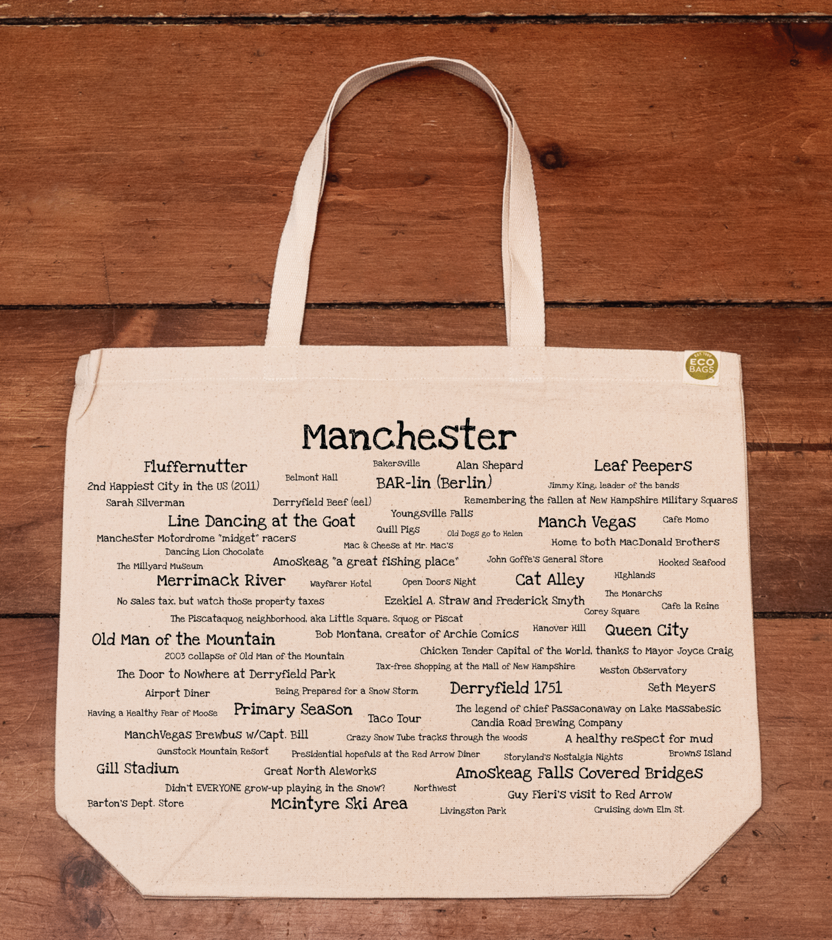 The front half of a canvas tote bag featuring fun trivia about Manchester!