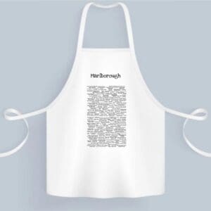 A white apron with black text on it.