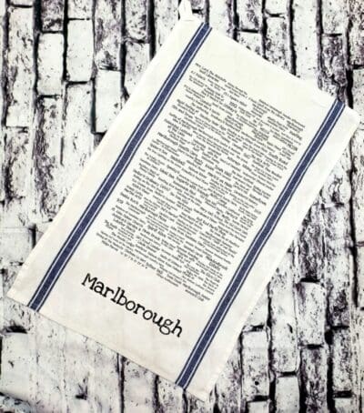 A tea towel with the words " harborough ".