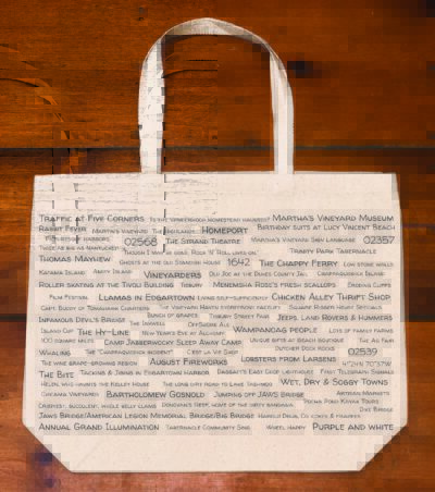 The back half of a canvas tote bag featuring fun trivia about Martha's Vineyard!