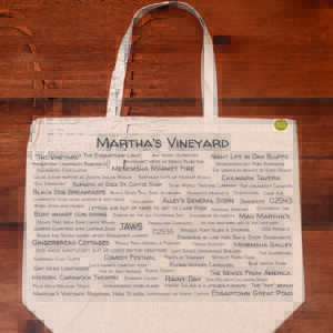 The front half of a canvas tote bag featuring fun trivia about Martha's Vineyard!