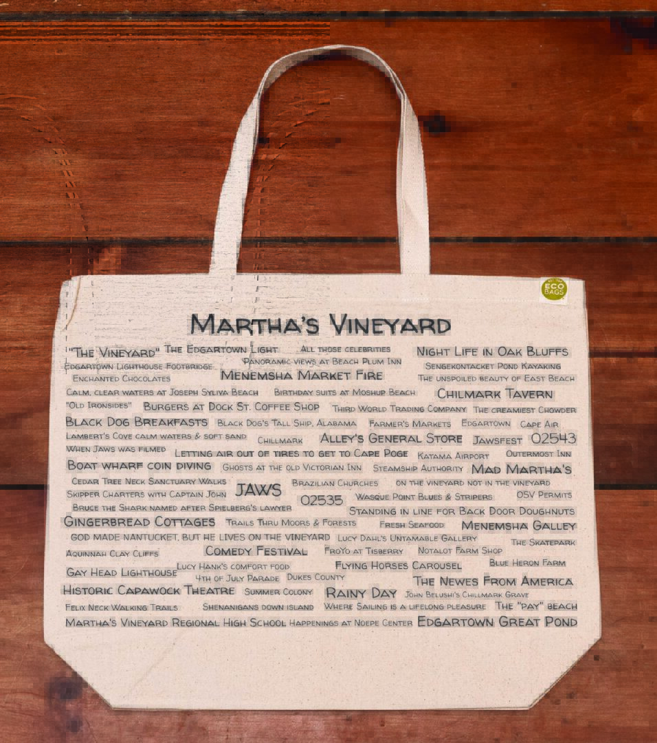 The front half of a canvas tote bag featuring fun trivia about Martha's Vineyard!