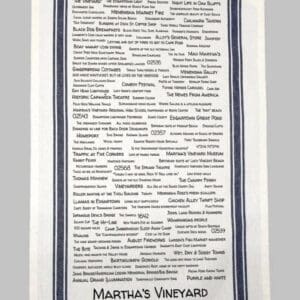 A towel with the names of many different wines.