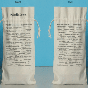 The front and back of a bottle bag featuring trivia about Middletown.
