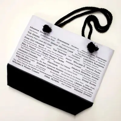 A black and white bag with words on it