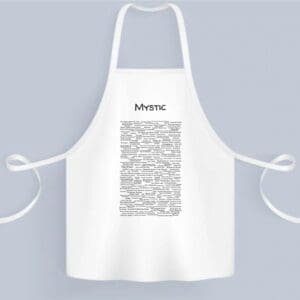 A white apron with a bunch of words written on it