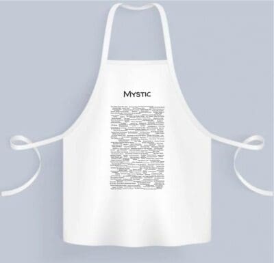 A white apron with a bunch of words written on it