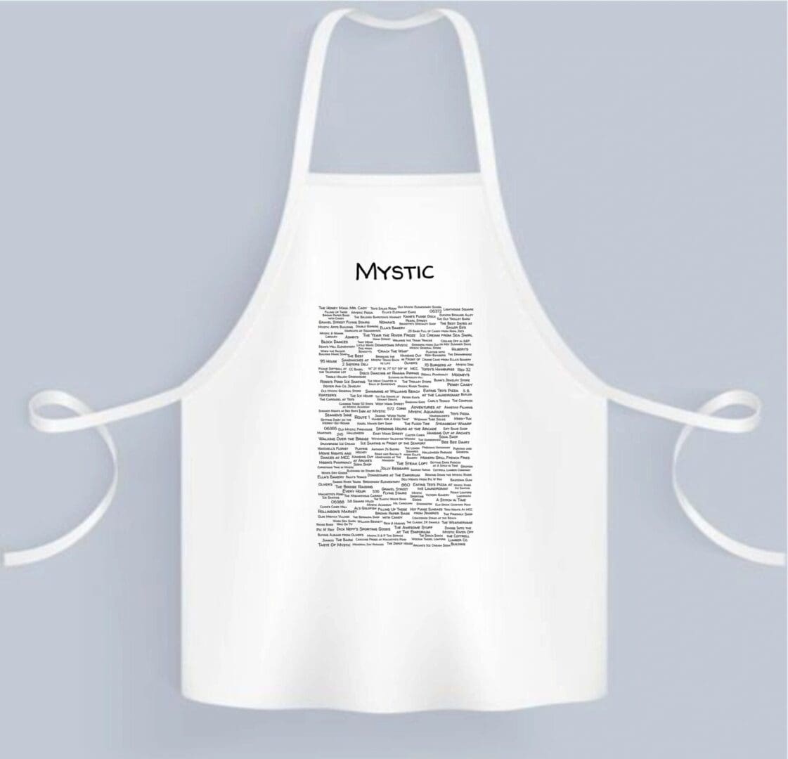 A white apron with a bunch of words written on it