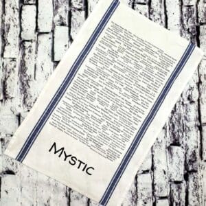 A white towel with the word mystic written on it.