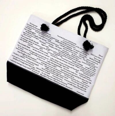 A bag with black and white paper on it