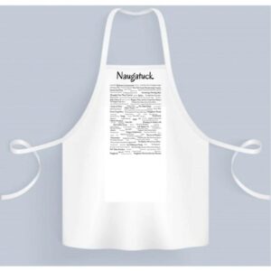 A white apron with a black and white image of the word " neighbor ".