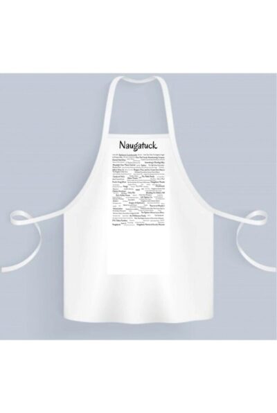 A white apron with a black and white image of the word " neighbor ".