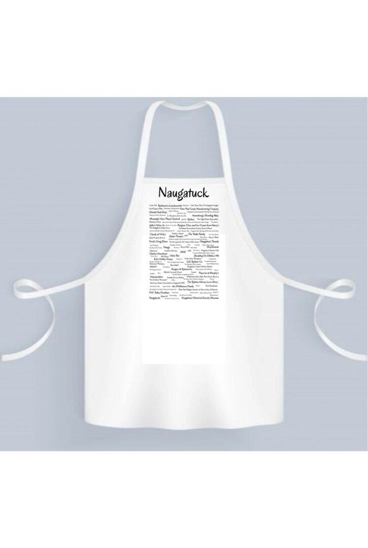 A white apron with a black and white image of the word " neighbor ".