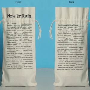 The front and back of a bottle bag featuring trivia about New Britain.