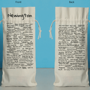 The front and back of a bottle bag featuring trivia about Newington.