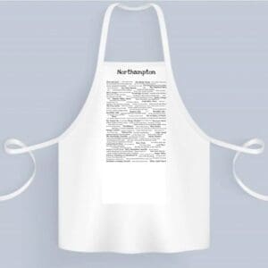 A white apron with a black and white image of the back.