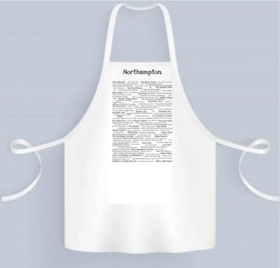 A white apron with a black and white image of the back.